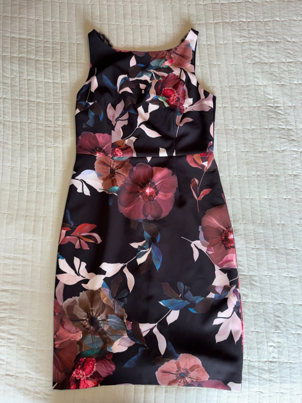 Black Floral Satin Dress with Pink & Burgundy Blooms